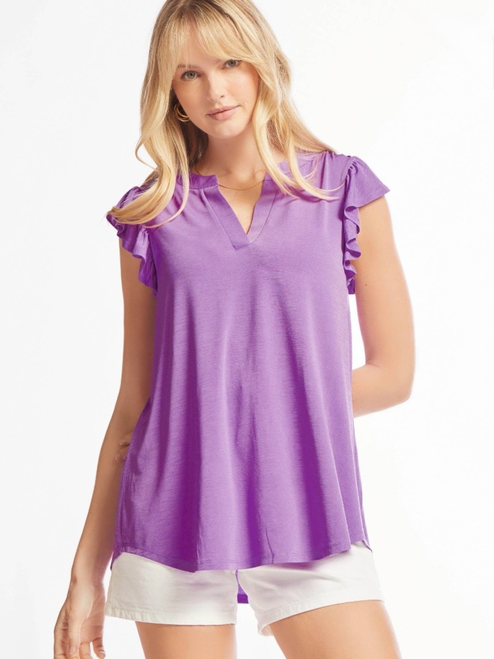 New Dear Scarlett Purple Ruffle Sleeve Lizzy Top V Neck Relaxed Fit Shirt Blouse - Picture 3 of 6